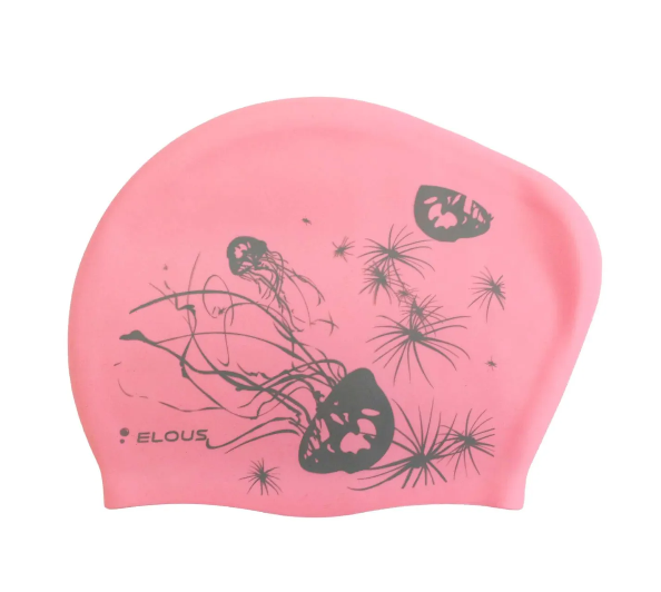 Шапочка для плавания Elous для длинных волос силиконовая, медуза розовая